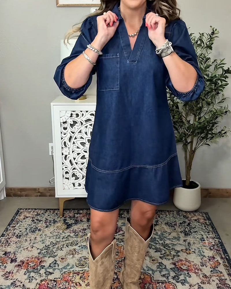 Collared Lantern Sleeve Denim Dress