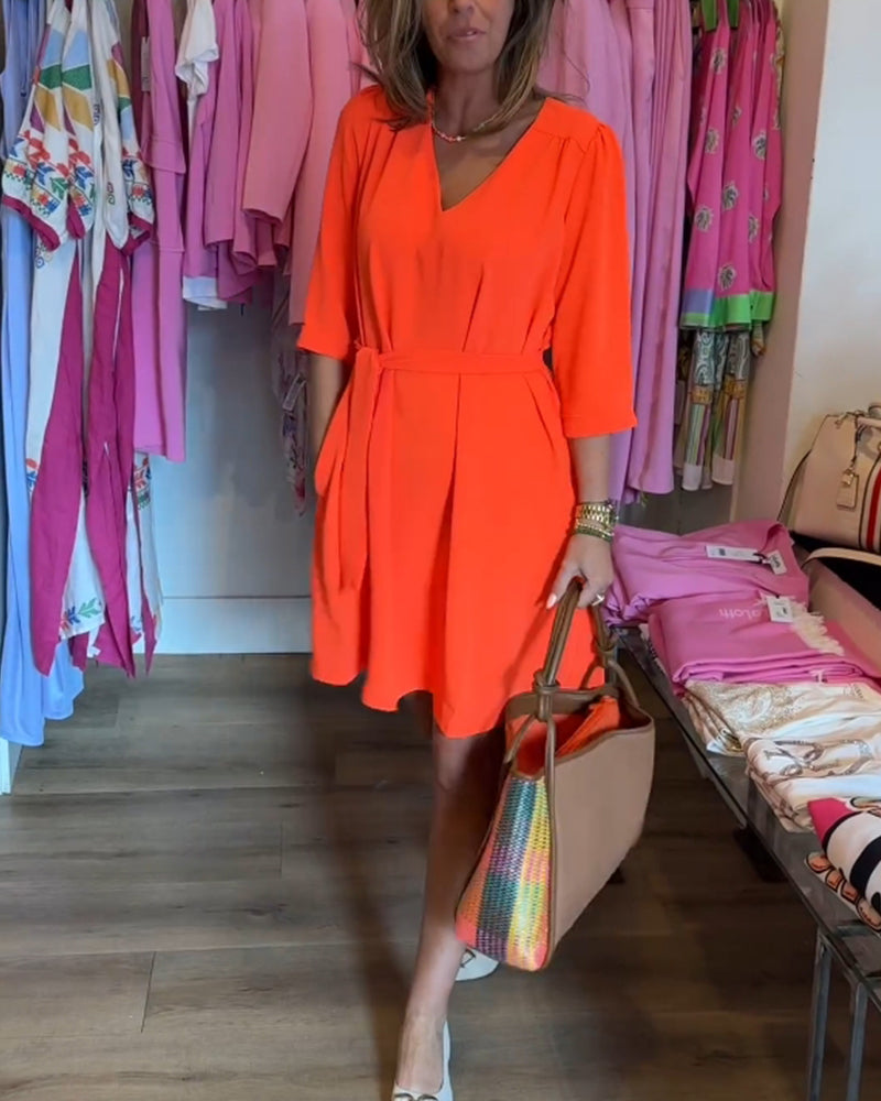 Midi Sleeve Solid Color Dress with Belt
