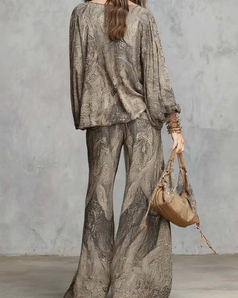 Round Neck Loose Casual Stacked Wide Leg Set