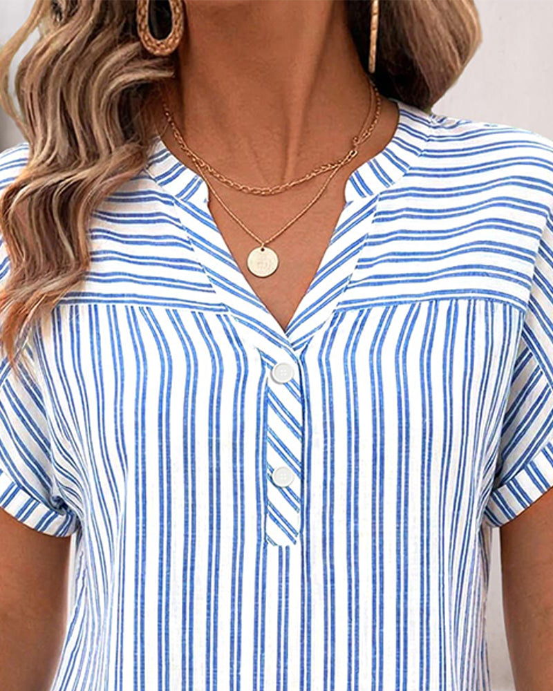 Stripe V-Neck Button Patchwork Blouse