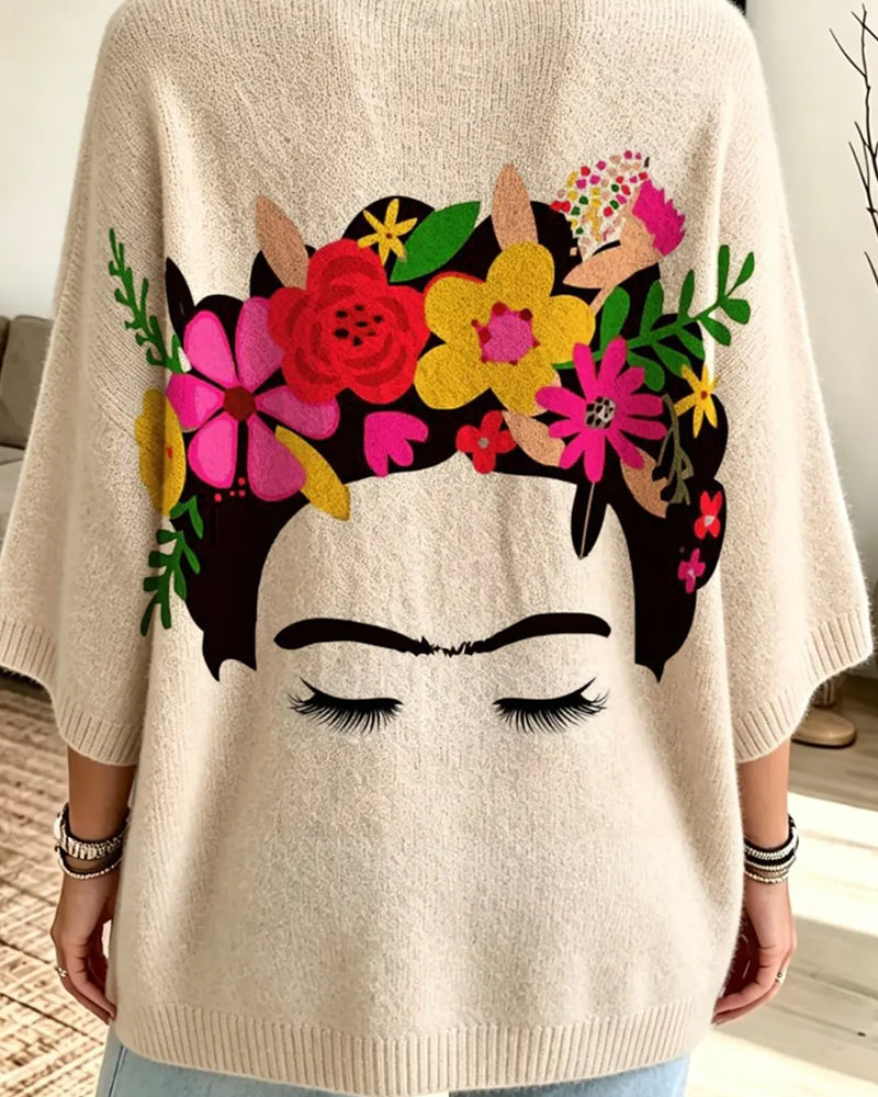 Loose Fit Face Floral Print Pullover