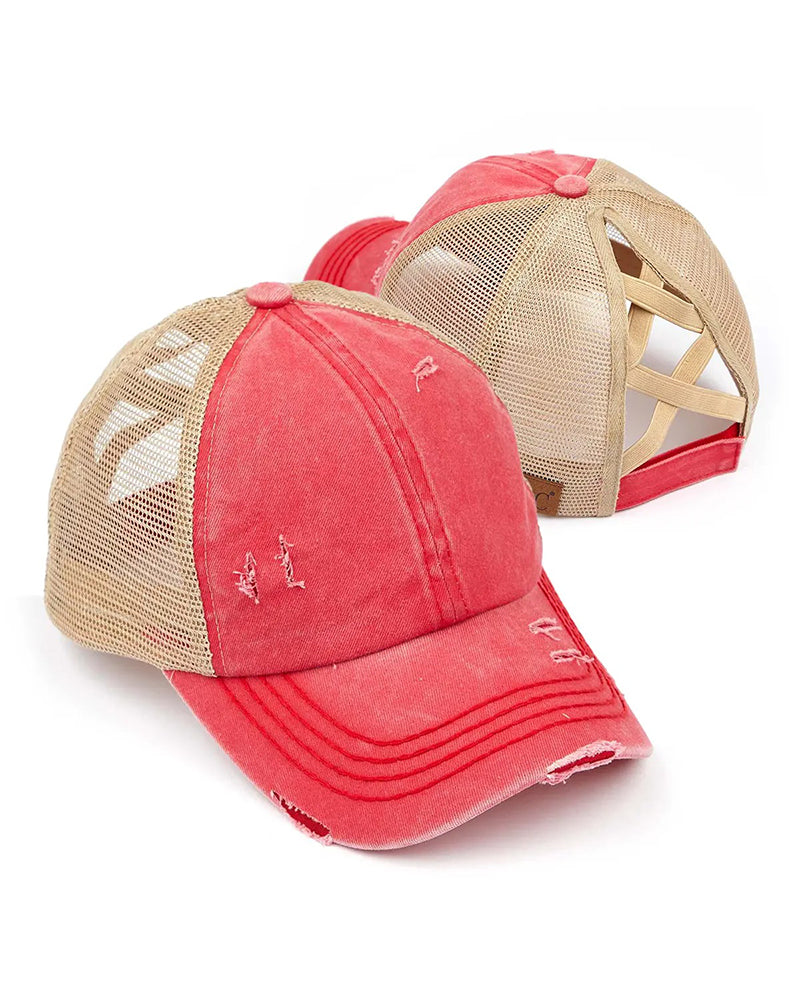 Adjustable Criss-Cross Back Distressed Denim Baseball Cap