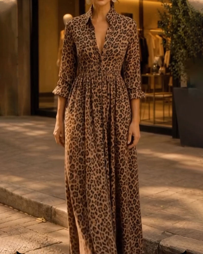 Leopard Lapel Casual Dress