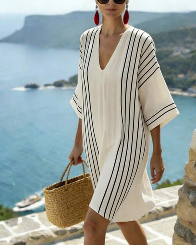 Off White Black Stripe V Neck Dress