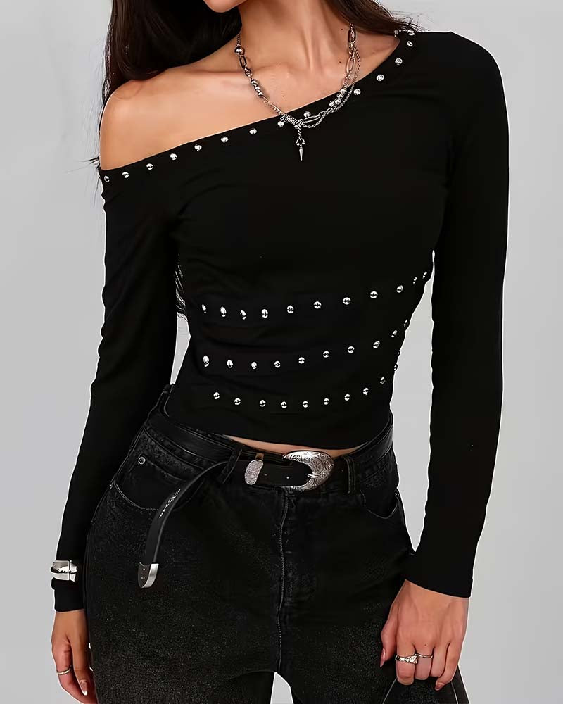 Off-Shoulder Studded Waist-Cinching Slim-Fit Top
