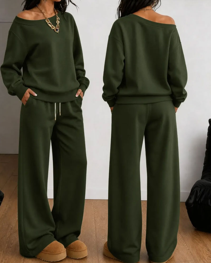 One Shoulder Casual Sweatshirt Long Pants Set