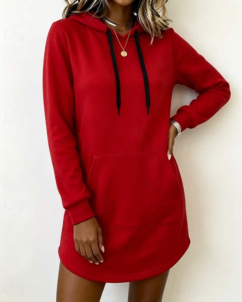 Solid Color Curved Hem Hooded Sweatshirt Dress