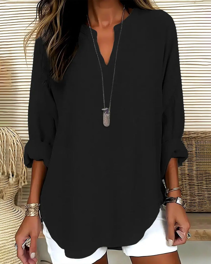 V Neck Irregular Solid Color Long Sleeve Blouse