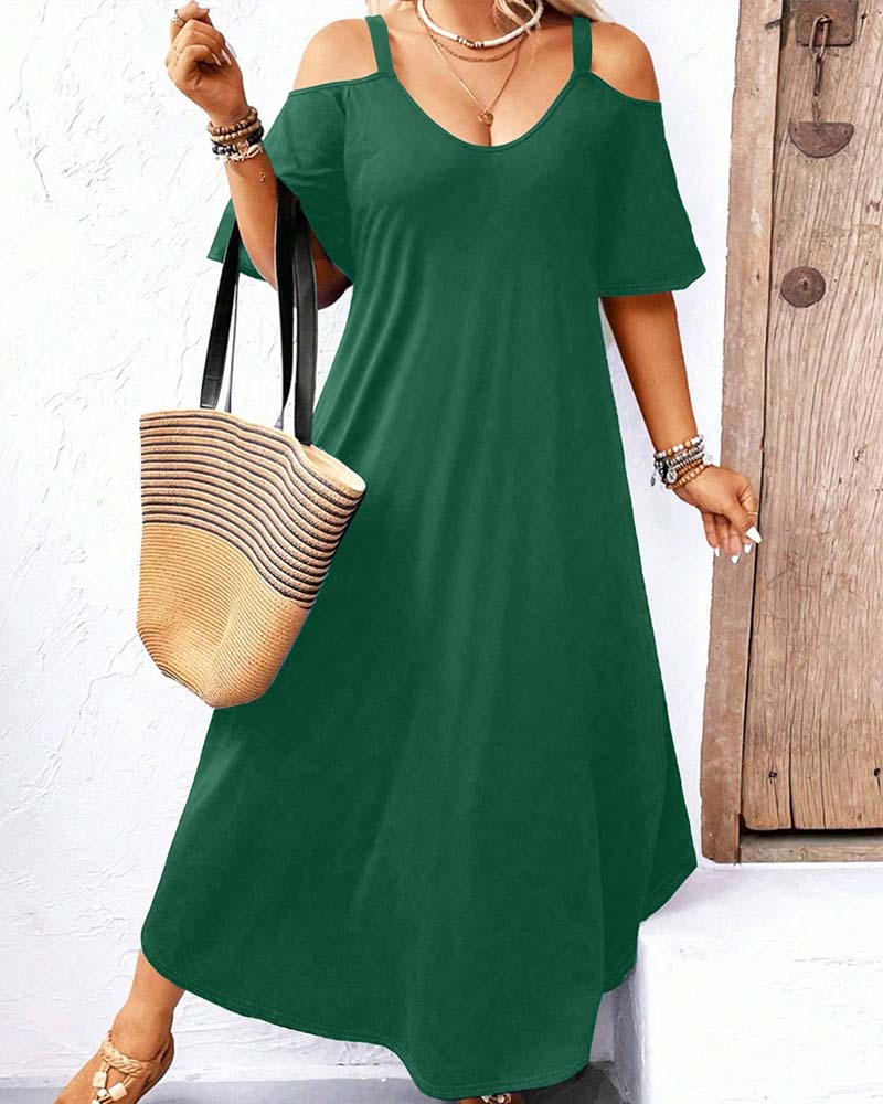 Solid V-Neck Off-Shoulder Long Dress