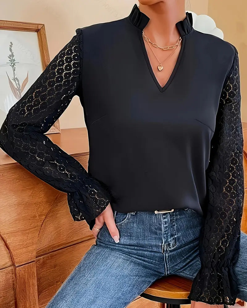 V-Neck Lace Long-Sleeved Blouse
