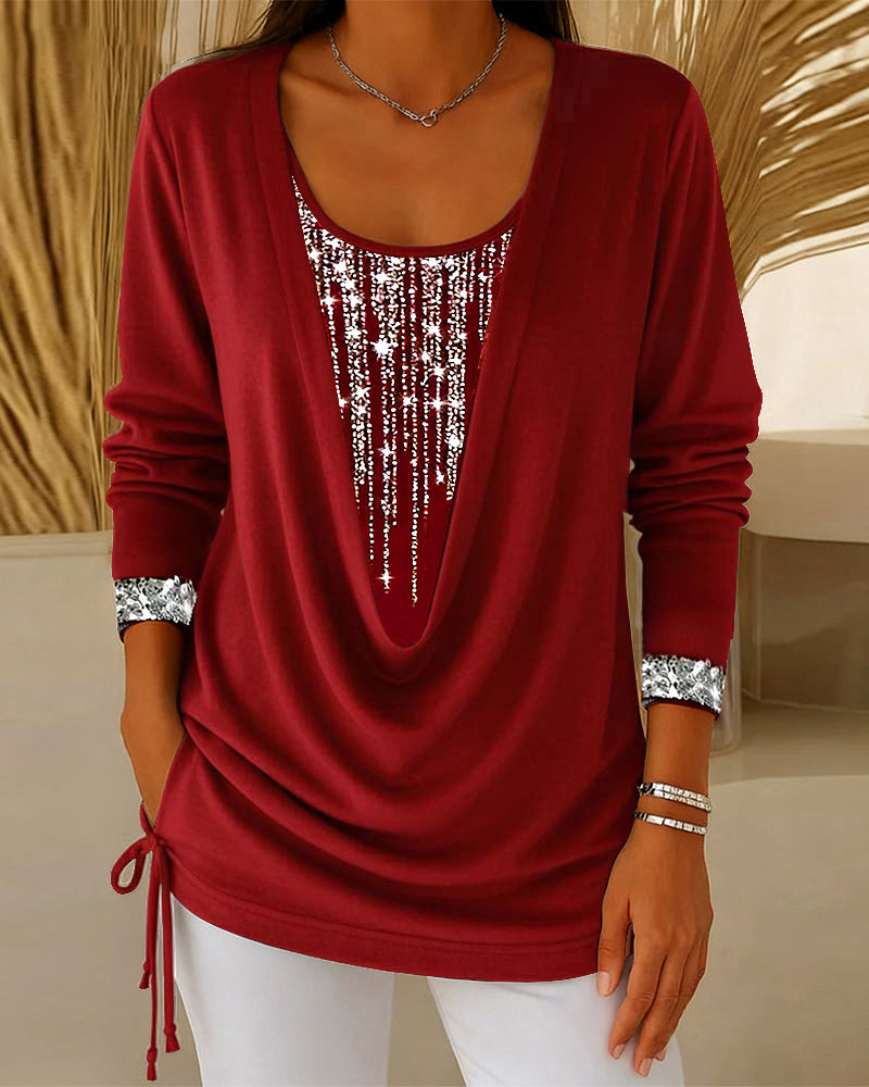 Drop Collar Fine Glitter Fake Two-Piece Top