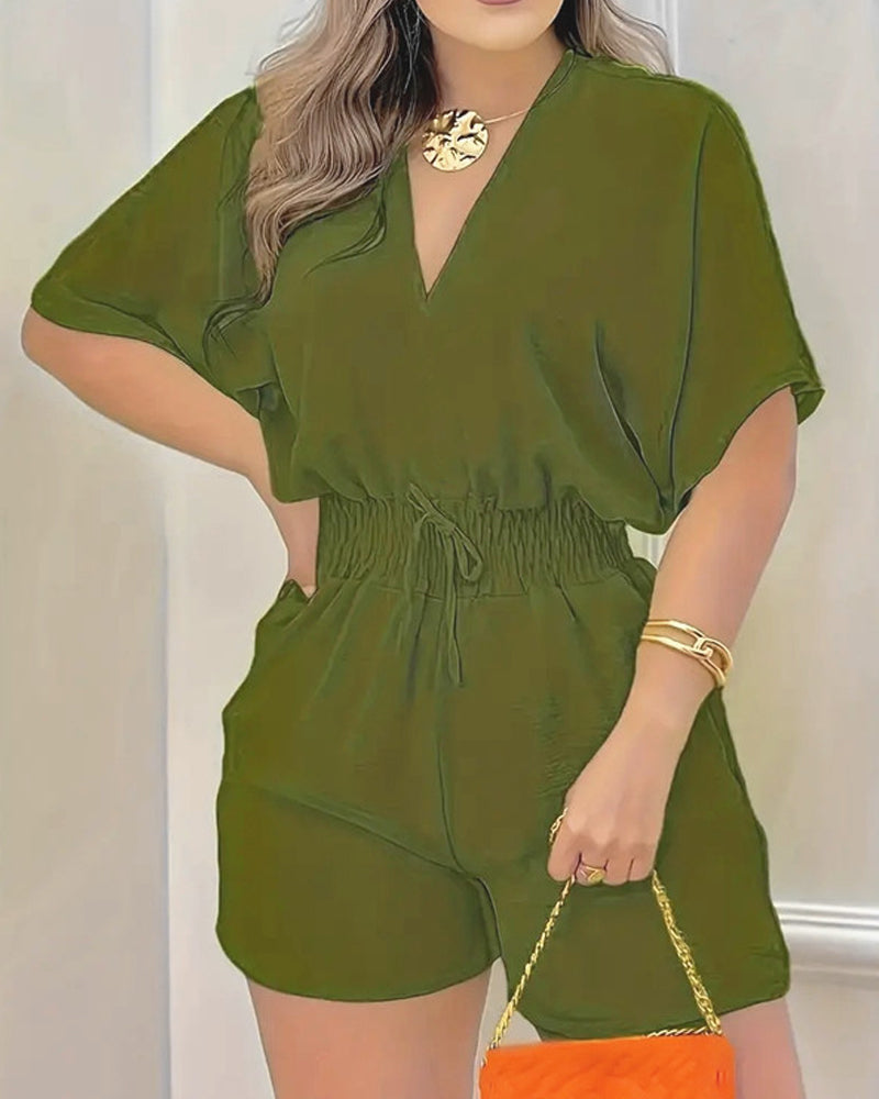 Solid Color V-Neck Jumpsuit