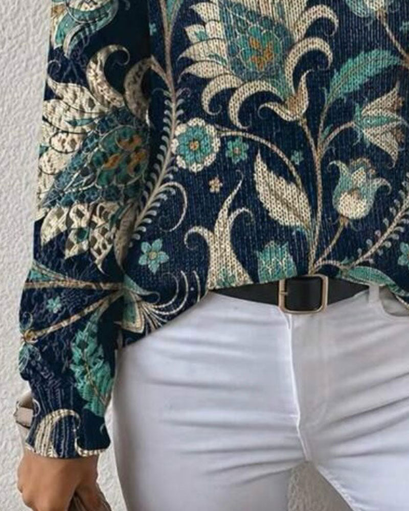 V-Neck Long-Sleeve Floral Print Pullover