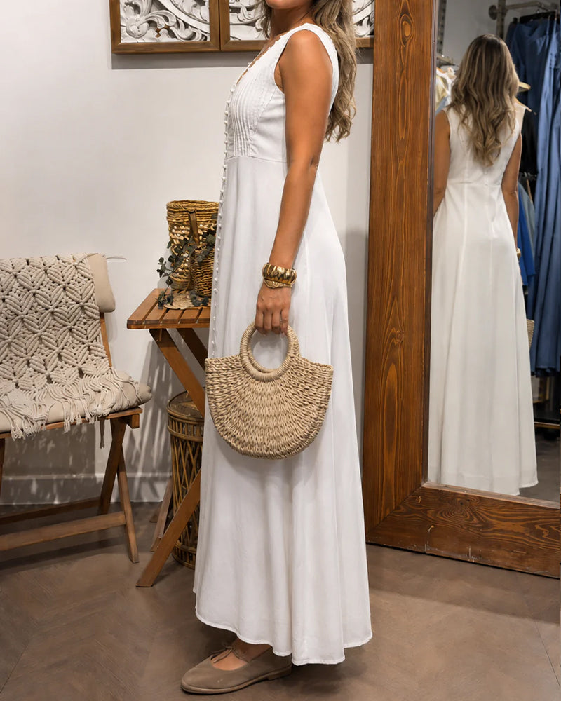 Sleeveless Button Front White Maxi Dress
