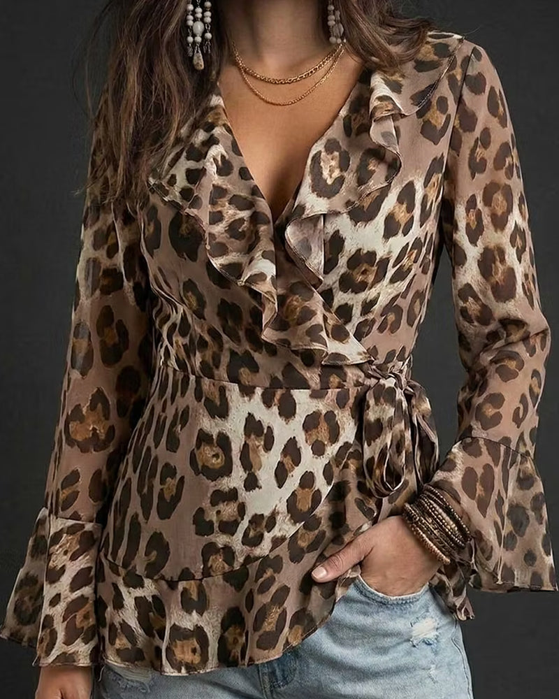 Ruffle Sleeve Leopard Print Blouse