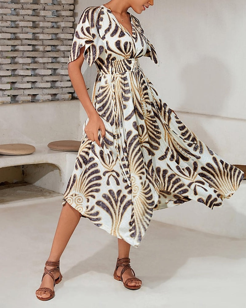 Printed V-neck irregular elegant dress