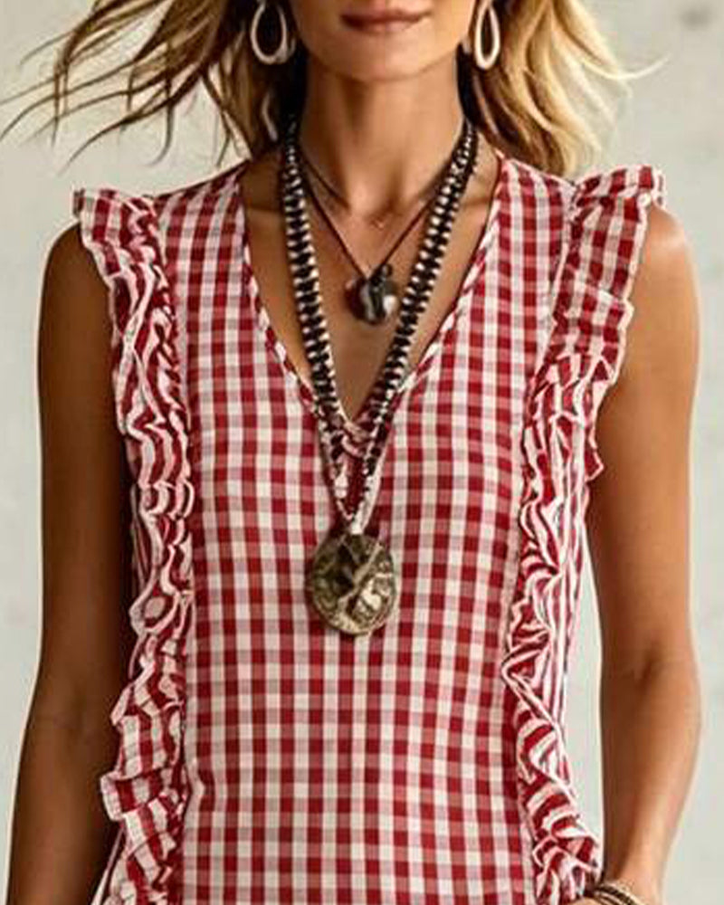 V-Neck Ruffle Plaid Sleeveless Maxi Dress