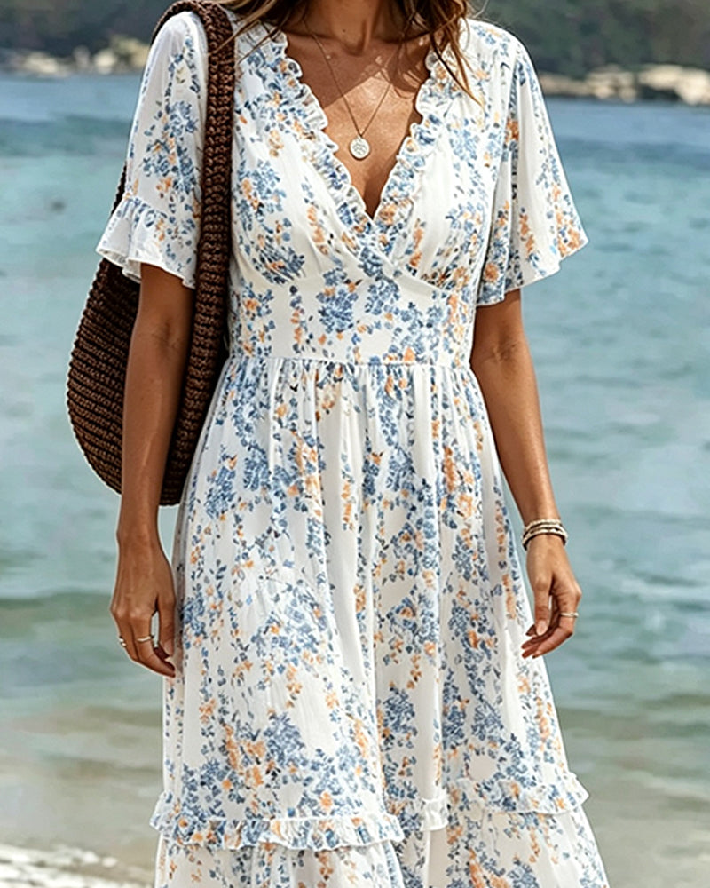 Floral Ruffle V-Neck Patchwork Dress