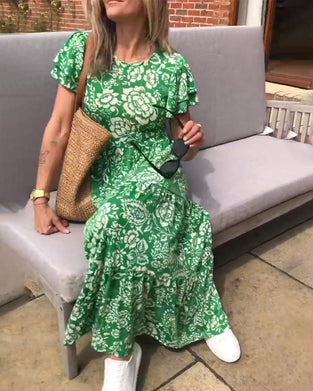 Floral Print Short Sleeve Long Dress