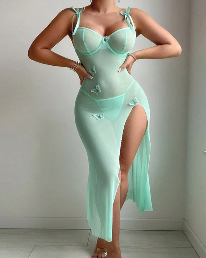 Mesh Butterfly High Slit Suspender Dress