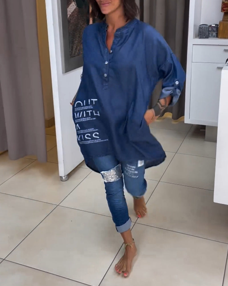 Letter print irregular button top