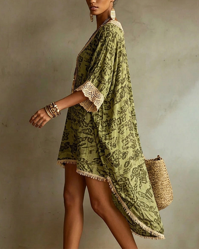 Fringed-Trim V-Neck Resort Cover-Up Dress