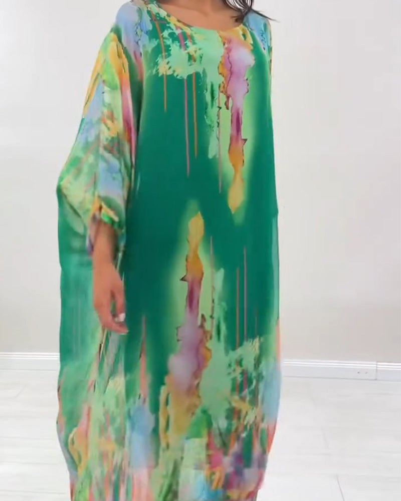 Round Neck Bat Sleeve Smudged Dress