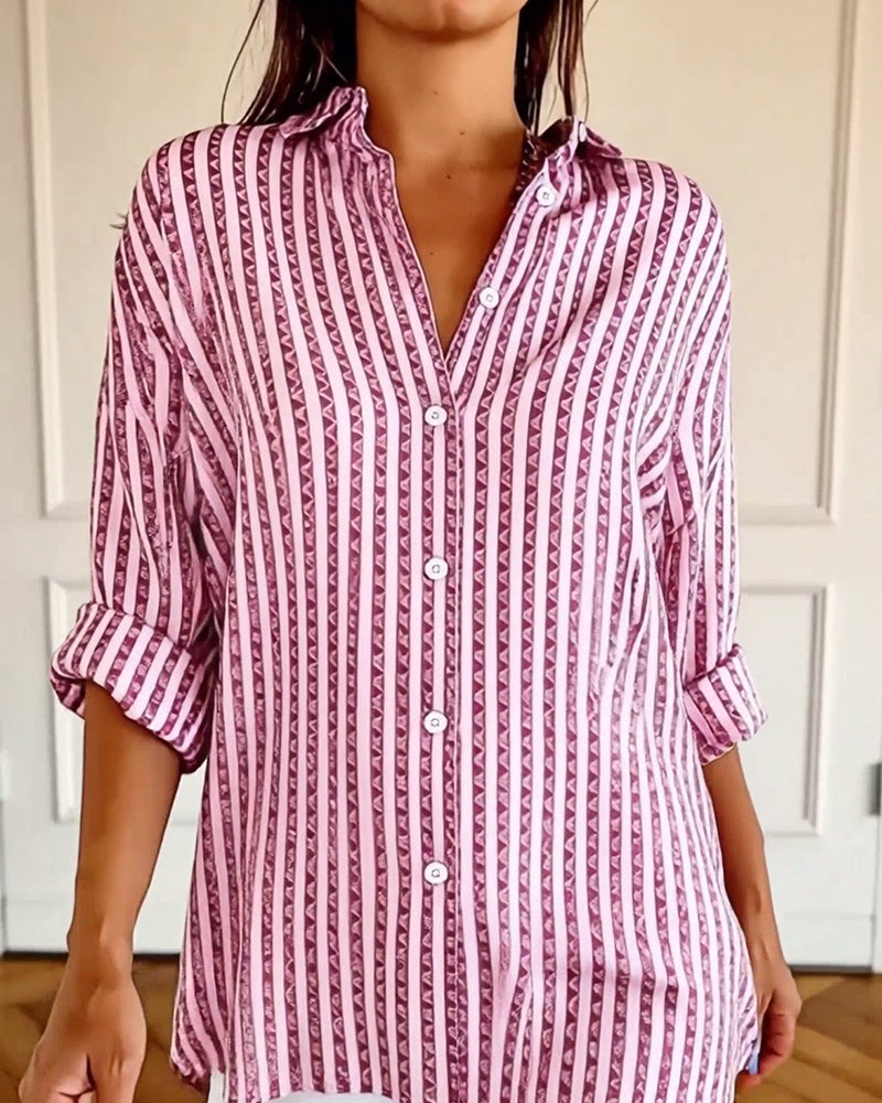 Loose-Fit Striped Geometric Print Shirt