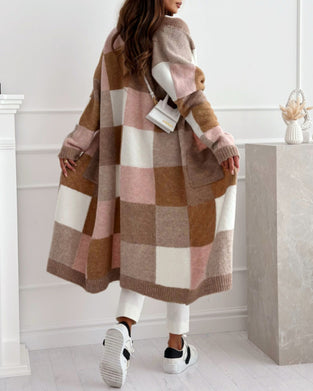Casual contrast plaid pocket loose cardigan