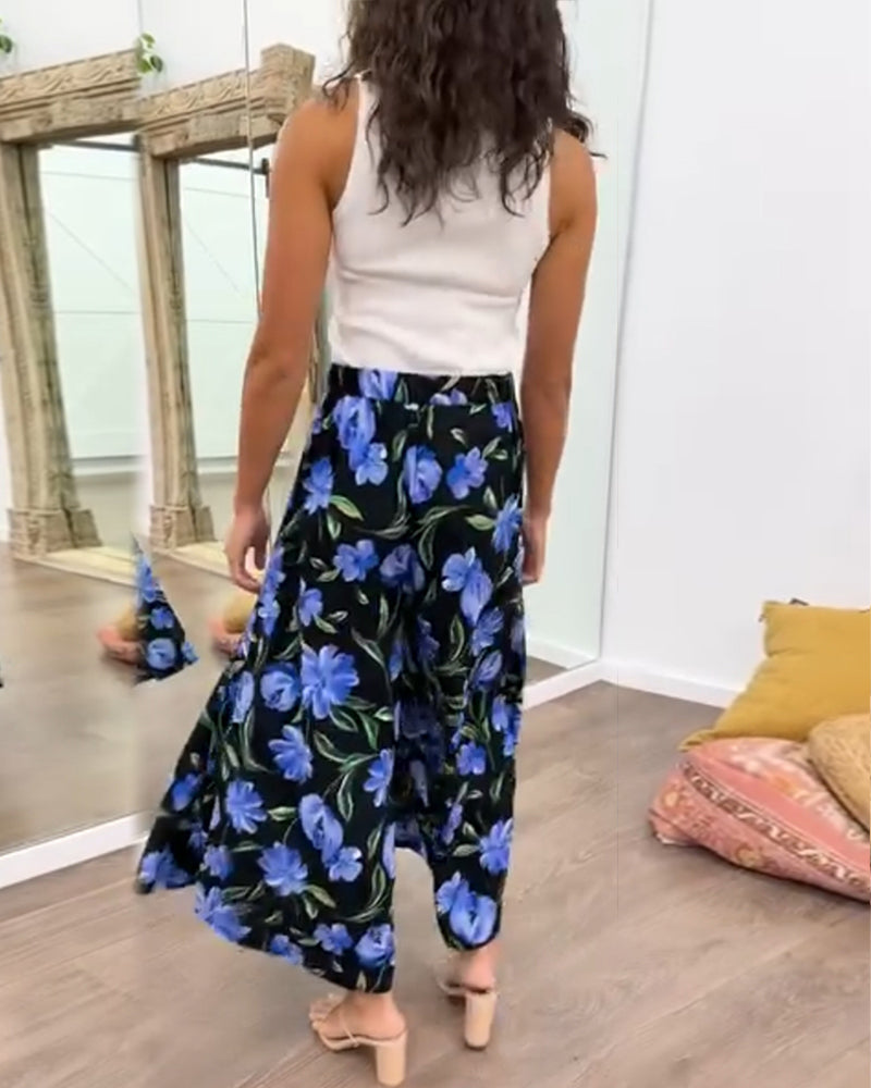 Floral print high waisted wide leg pants