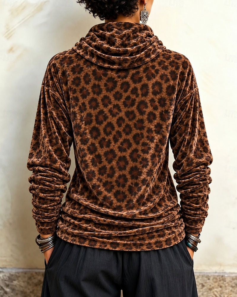Leopard Print Turtleneck Velvet Long-Sleeve Top