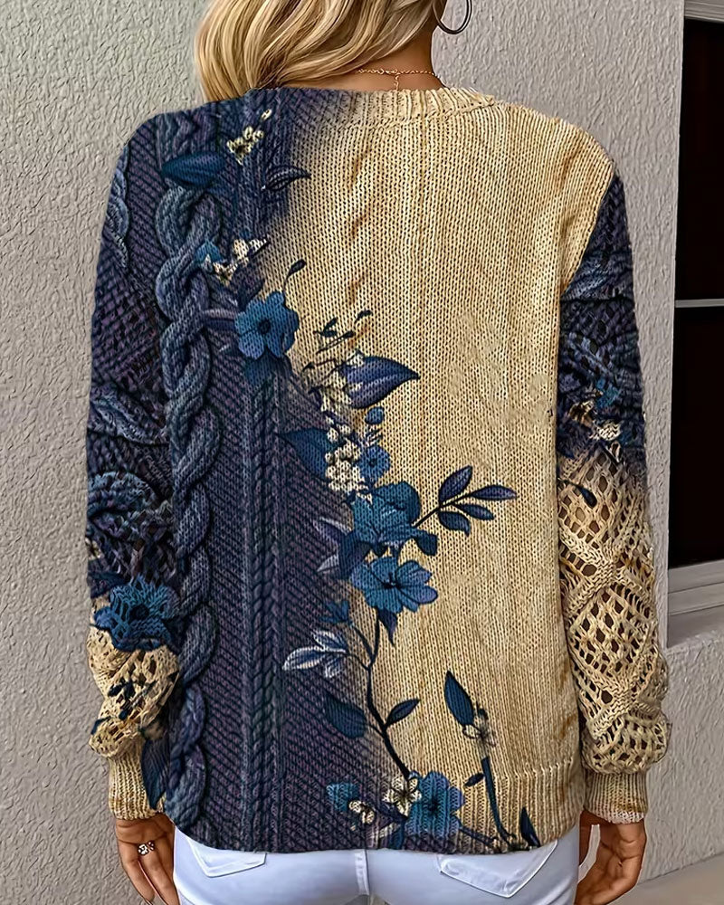 Gradient Color Block Floral V-Neck Hollow Out Pullover