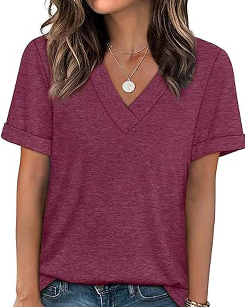 Solid V-Neck Casual Short Sleeve T-Shirt