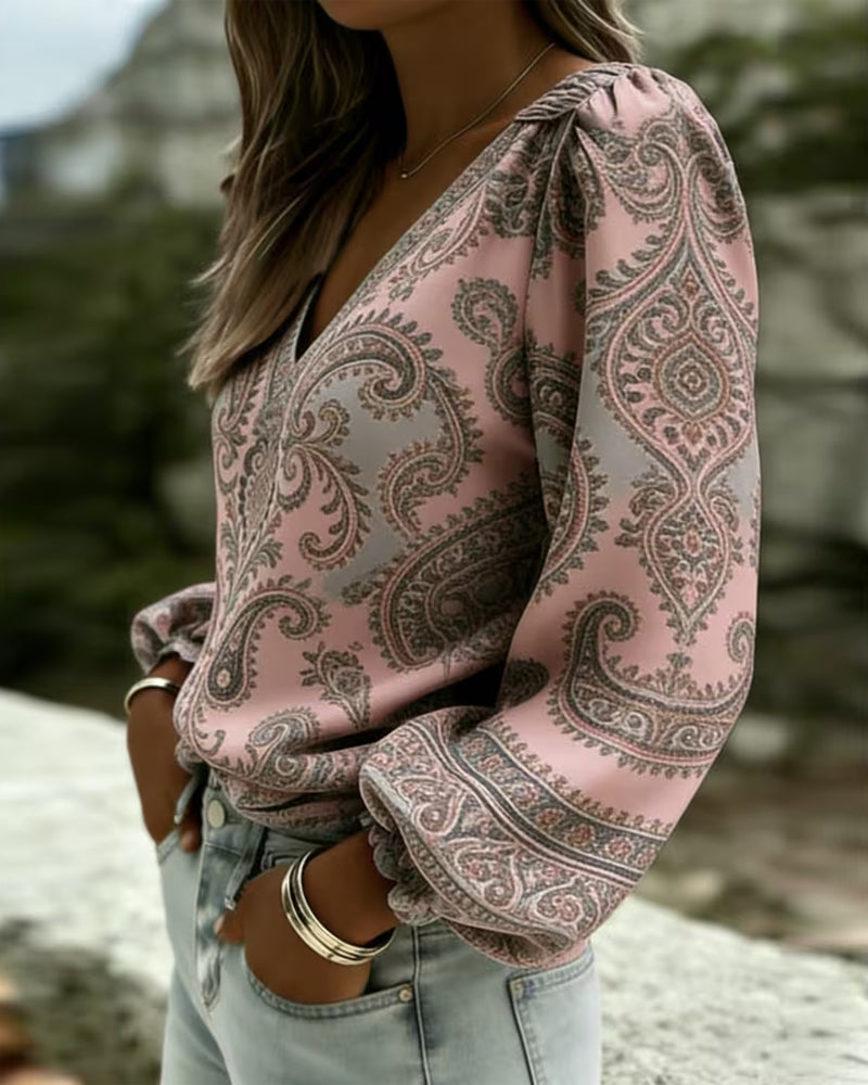 Paisley Pattern V-Neck Lantern Sleeve Blouse
