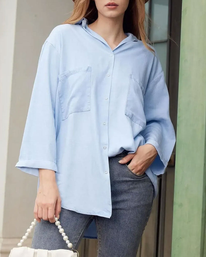 Lapel Pocket Button-Down Denim Shirt