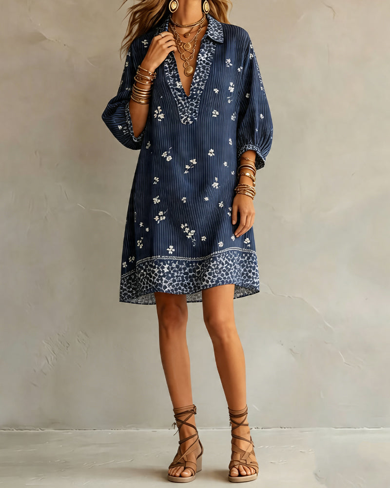 Three-Quarter Lantern Sleeve Print Dress