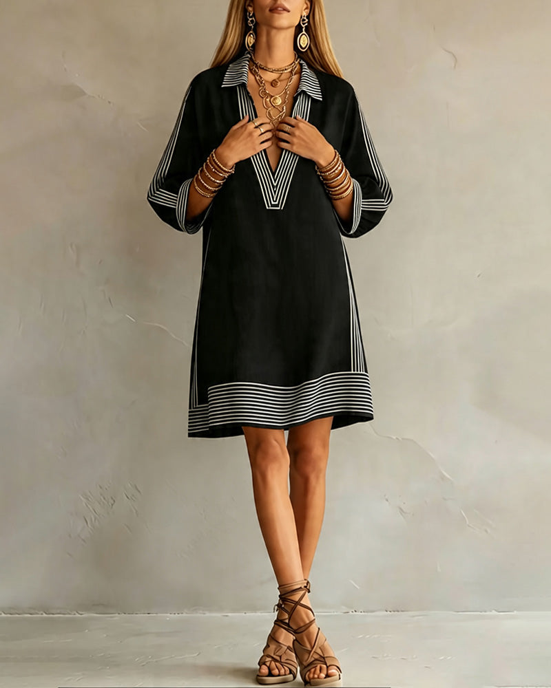 Striped Print Lantern Sleeve V-Lapel Dress