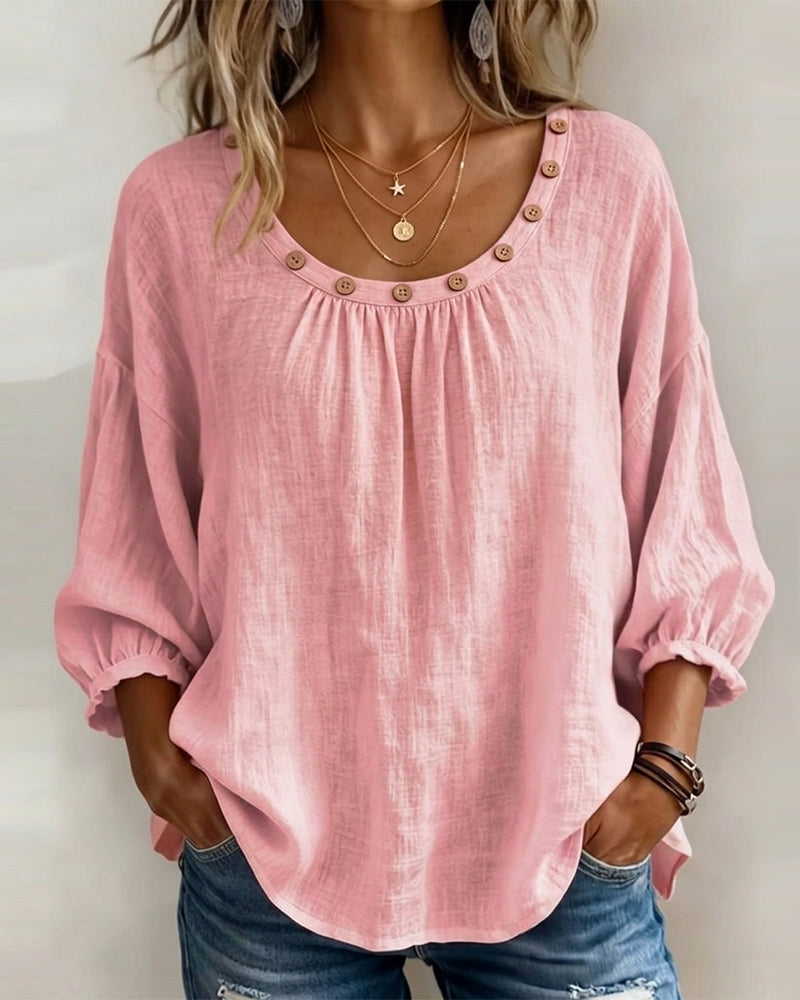Crew Neck Button Loose Blouse