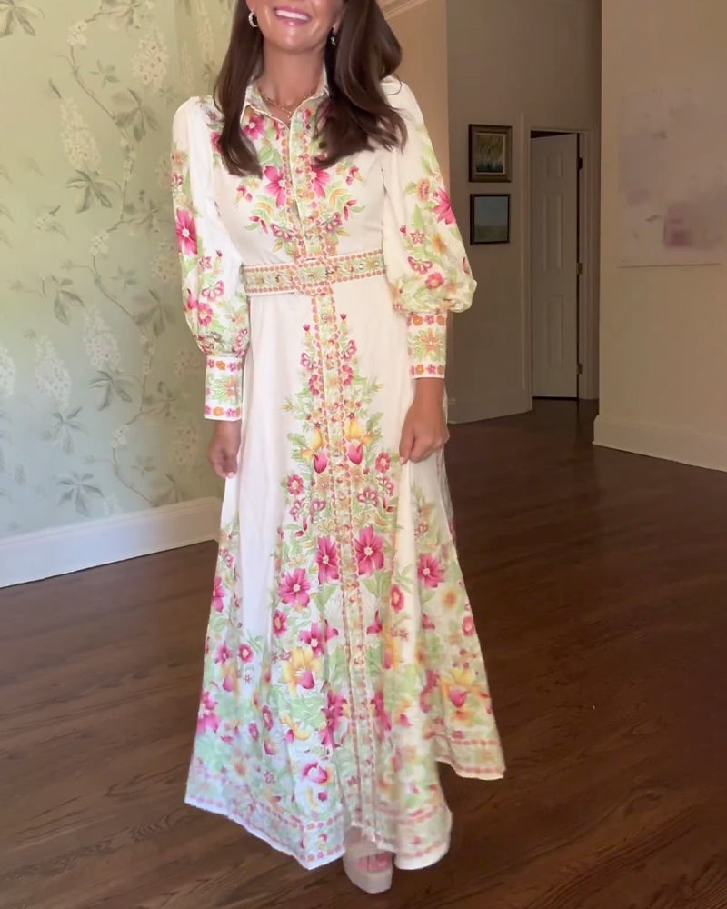 Elegant floral print lapel long sleeve maxi dress