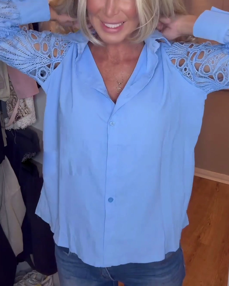 Lapel lace sleeve solid color shirt