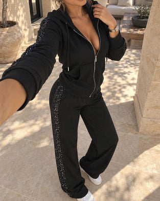 Hooded Casual Long Sleeve Coat Straight Pants Set