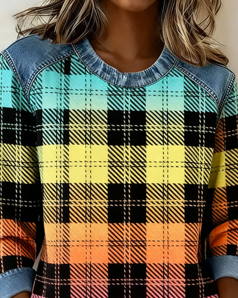 Round Neck Colorful Plaid Sweatshirt