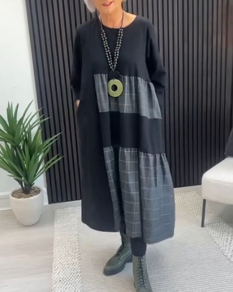 Casual plaid patchwork pocket dress