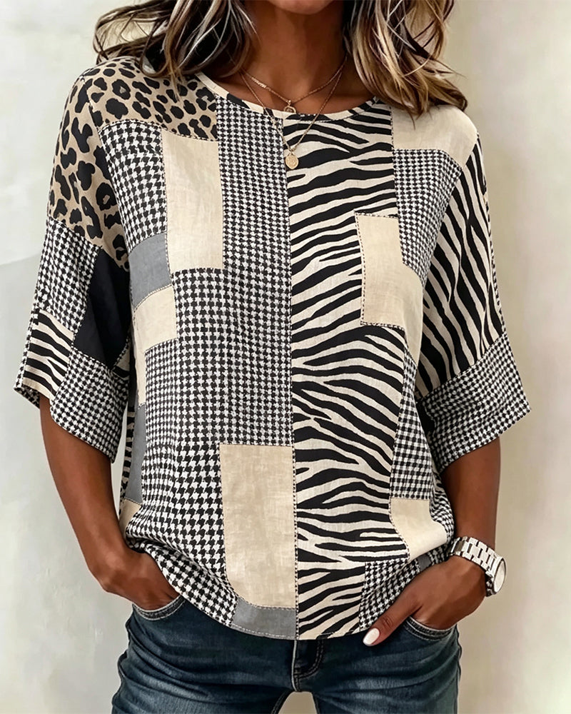 Crewneck Patchwork Plaid Leopard Blouse