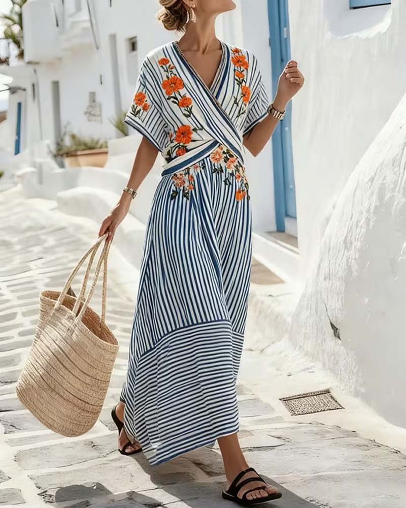 Striped V-Neck Wrap Maxi Dress