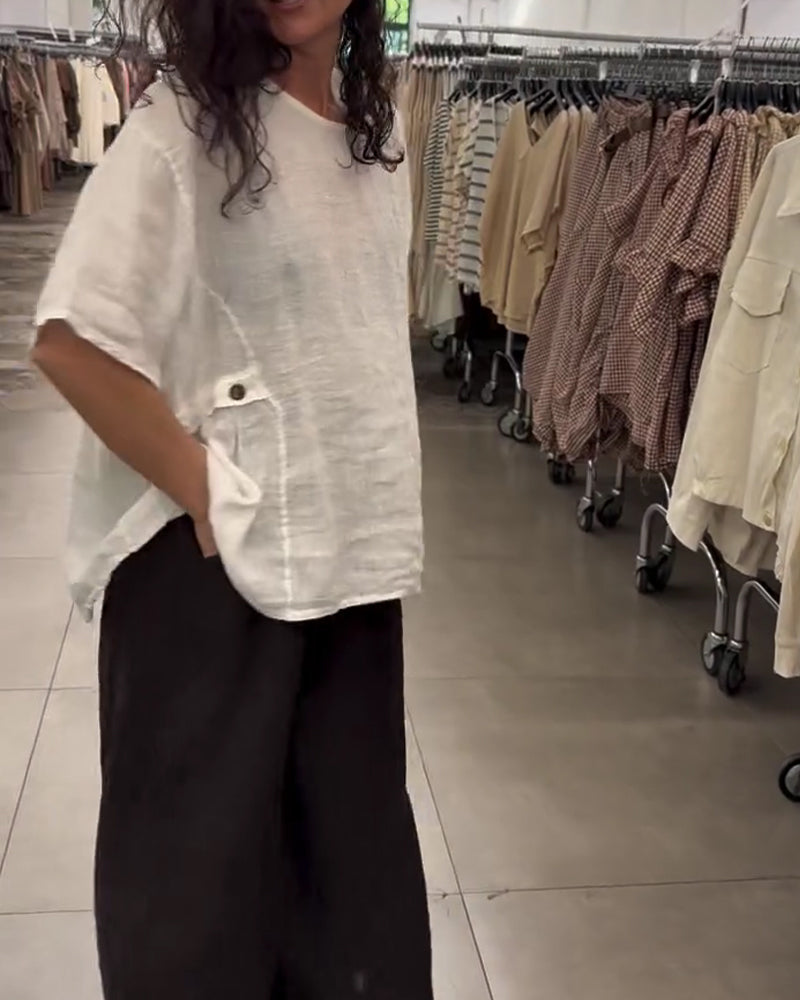Crewneck Side Button Loose Fit Blouse