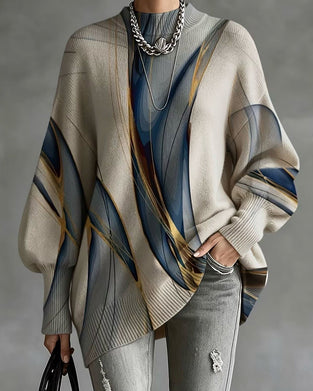 High Collar Line Lantern Sleeve Loose Pullover