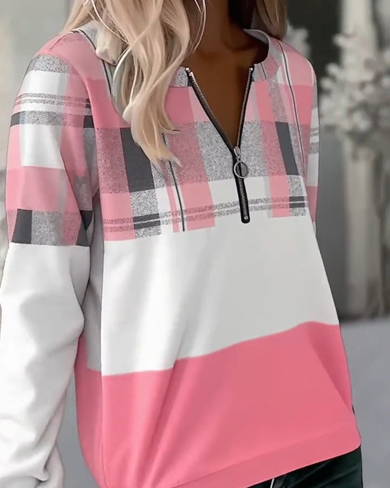 Casual Plaid Contrast Color Sweatshirt