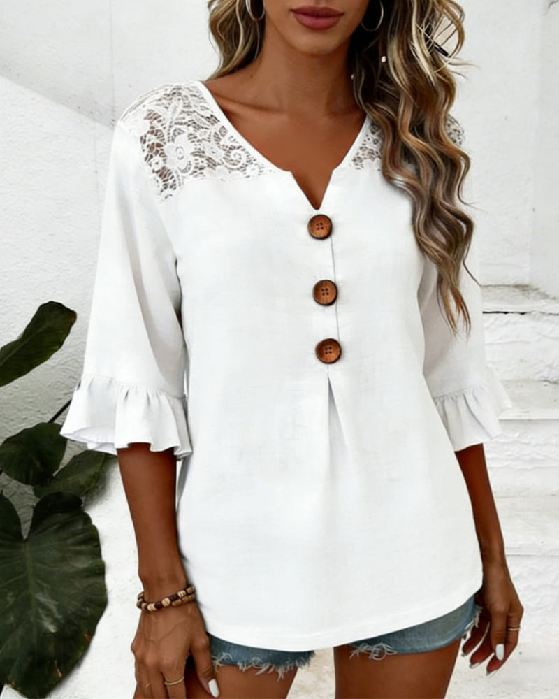 Ruffle V-Neck Lace Patchwork Blouse