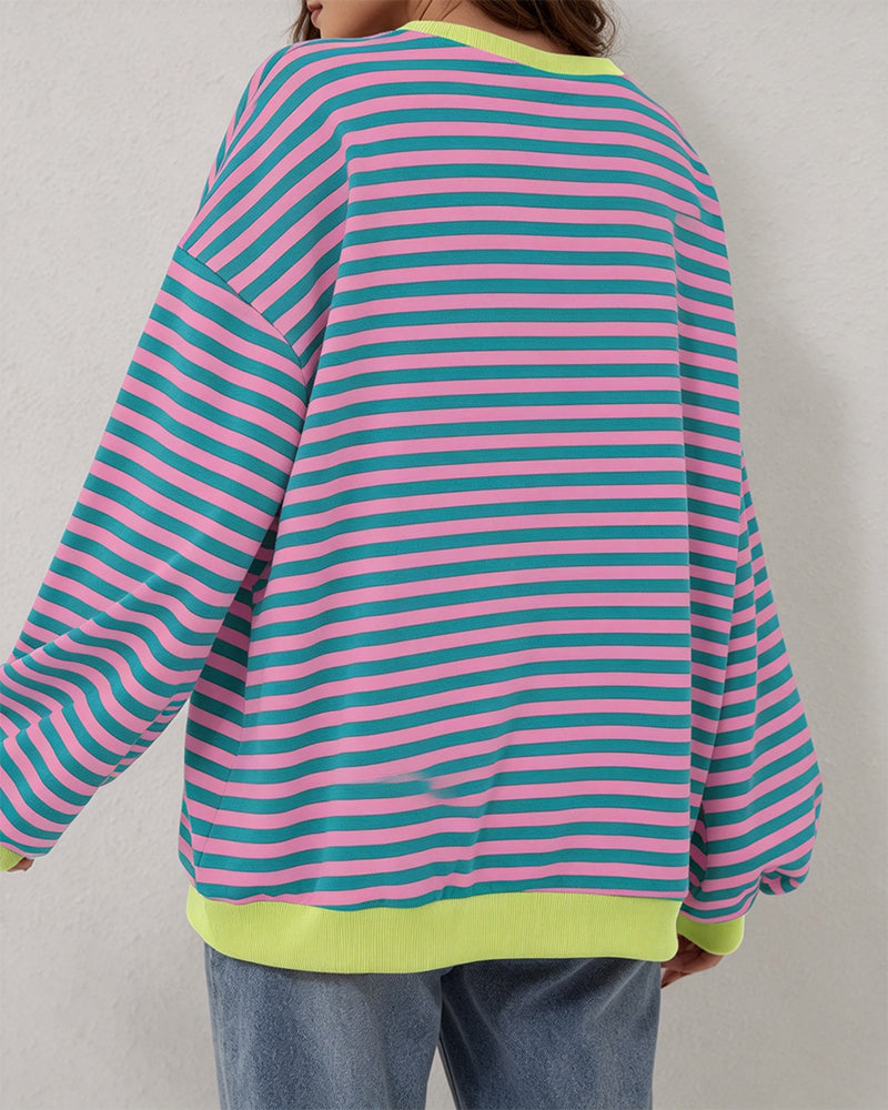 Striped Round Neck Color Block T-Shirt